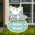 Geboortebord voor in de tuin - Tweeling zebra's - Mintgroen