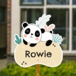 Geboortebord voor in de tuin - Panda met tropische bladeren - Pastelgeel